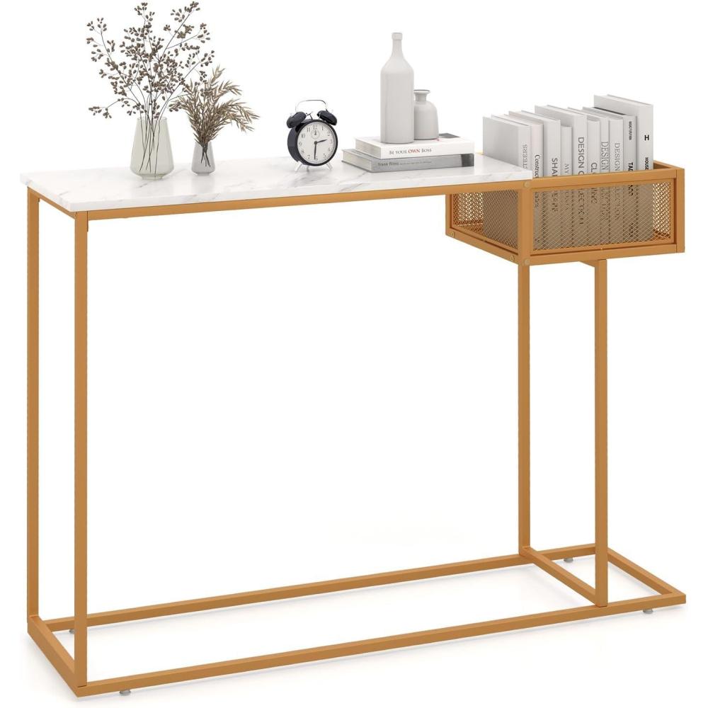 image:imageGiantex Narrow Console Table with Storage 60 Long Sofa Side Table w 4 Drawers amp Open Shelf Solid Wood Legs Rectangular Entry Table Retro Entryway Table for Living Room Hallway Foyer BlackGoldwhite
