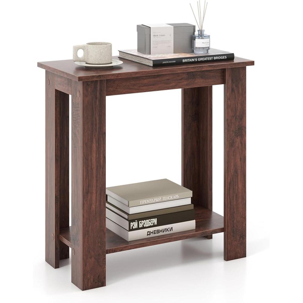 image:imageGiantex Narrow End Table 2Tier Side Table with Open Storage Shelf Retro Wood Sofa Table Bedside Tables for Small Spaces Slim Nightstand for Living Room Bedroom Easy Assembly WalnutWalnut