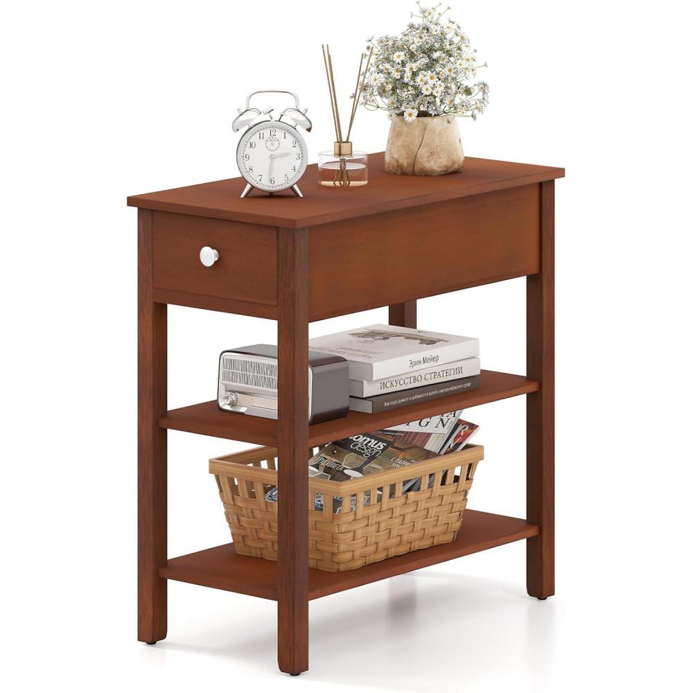 image:imageGiantex Narrow End Table Farmhouse Side Tables with Drawer amp Storage Shelves Wood Sofa Side Tables 3Tier Nightstands for Small Space Living Room Bedroom 235 L x 12 W x 245 H BrownBrown