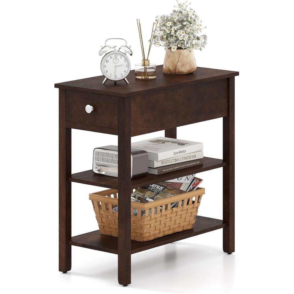 image:imageGiantex Narrow End Table Farmhouse Side Tables with Drawer amp Storage Shelves Wood Sofa Side Tables 3Tier Nightstands for Small Space Living Room Bedroom 235 L x 12 W x 245 H BrownWalnut
