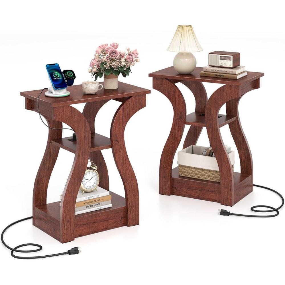 image:imageGiantex Narrow End Tables with Charging Station Set of 2 Wood Sofa Side Tables with Open Storage Shelves Bedside Tables with USB Ports amp Outlets Modern Nightstands for Living Room Bedroom BlackCherry