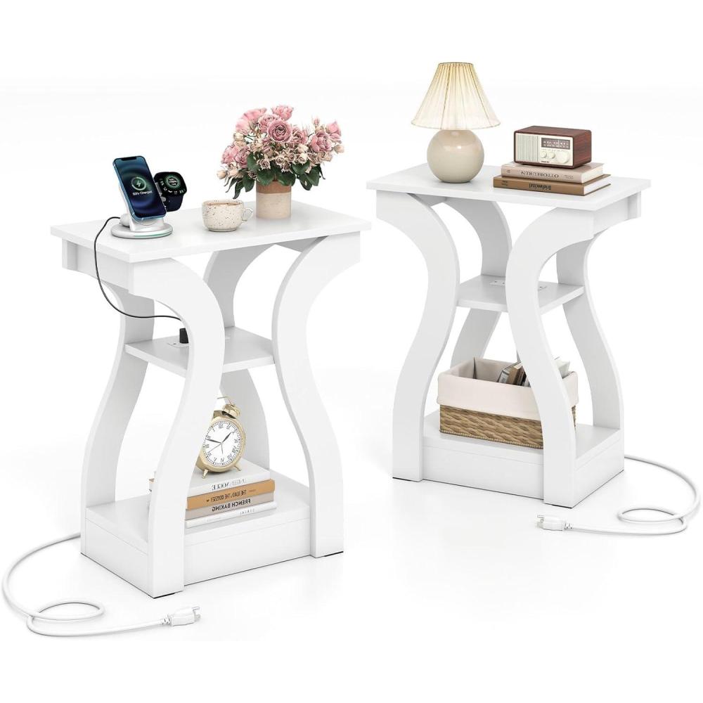 image:imageGiantex Narrow End Tables with Charging Station Set of 2 Wood Sofa Side Tables with Open Storage Shelves Bedside Tables with USB Ports amp Outlets Modern Nightstands for Living Room Bedroom BlackWhite
