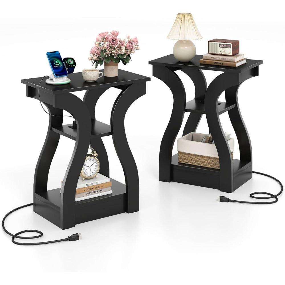 image:imageGiantex Narrow End Tables with Charging Station Set of 2 Wood Sofa Side Tables with Open Storage Shelves Bedside Tables with USB Ports amp Outlets Modern Nightstands for Living Room Bedroom BlackBlack