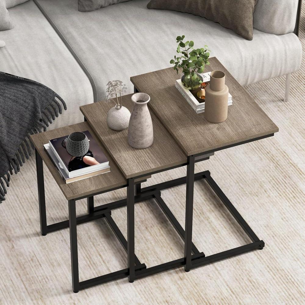 image:imageGiantex Nesting Coffee Table Set of 3 Stackable Square End Table wWood Grain Tabletop amp HeavyDuty Metal Frame Farmhouse CShaped Accent Table for Small Space Living Room Bedroom Black OakBlack Oak