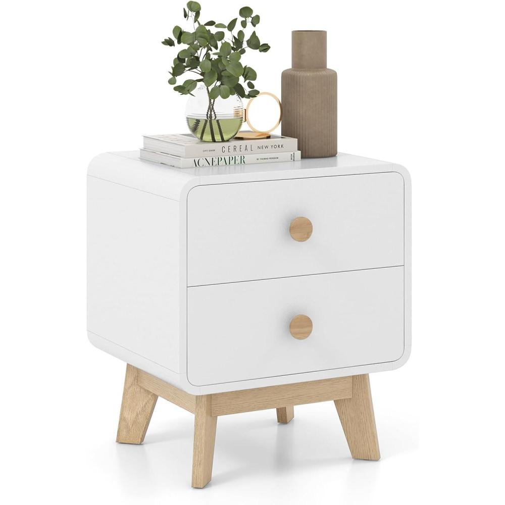 image:imageGiantex Night Stand with 2 Drawers Mid Century Modern Bedside Table with Cute Round Knobs Wooden Side End Table with Solid Rubber Wood Legs Small Nightstand for Kids Bedroom Dorms White