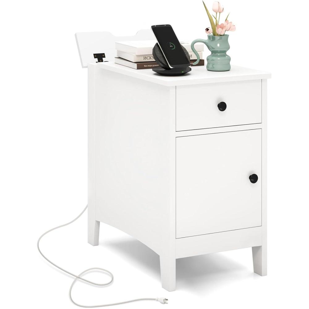 image:imageGiantex Night Stand with Charging Station Flip Top End Side Table wUSB Ports amp Outlets Modern Bedside Table wStorage Drawer Cabinet Magazine Rack Narrow Wood Nightstand for Bedroom 1 OakWhite