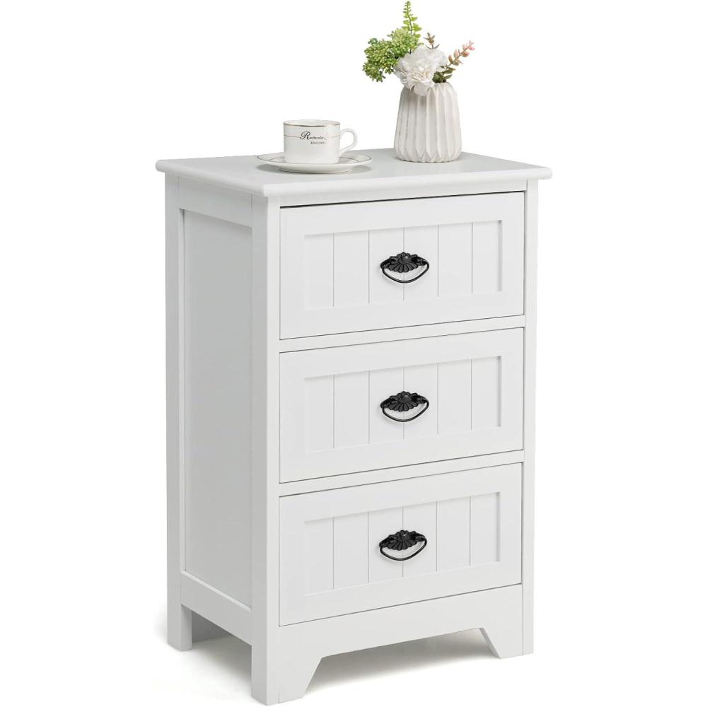 image:imageGiantex Nightstand with 3 Drawers Bedside Table with Exquisite Metal Handles Accent Table Sofa Side Table with Antitoppling Device for Bedroom Study BlackWhite
