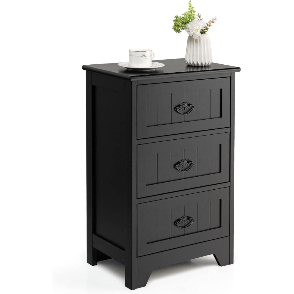 image:imageGiantex Nightstand with 3 Drawers Bedside Table with Exquisite Metal Handles Accent Table Sofa Side Table with Antitoppling Device for Bedroom Study BlackBlack