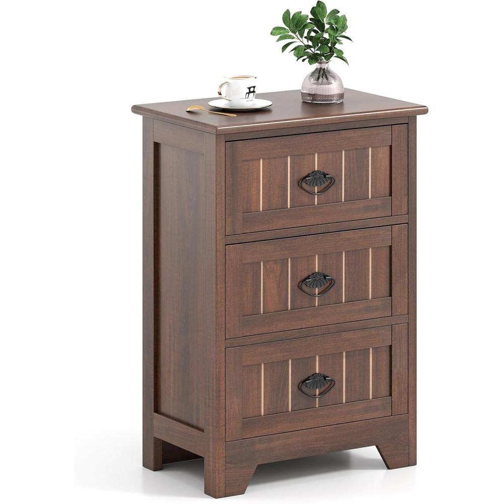 image:imageGiantex Nightstand with 3 Drawers Bedside Table with Exquisite Metal Handles Accent Table Sofa Side Table with Antitoppling Device for Bedroom Study BlackWalnut