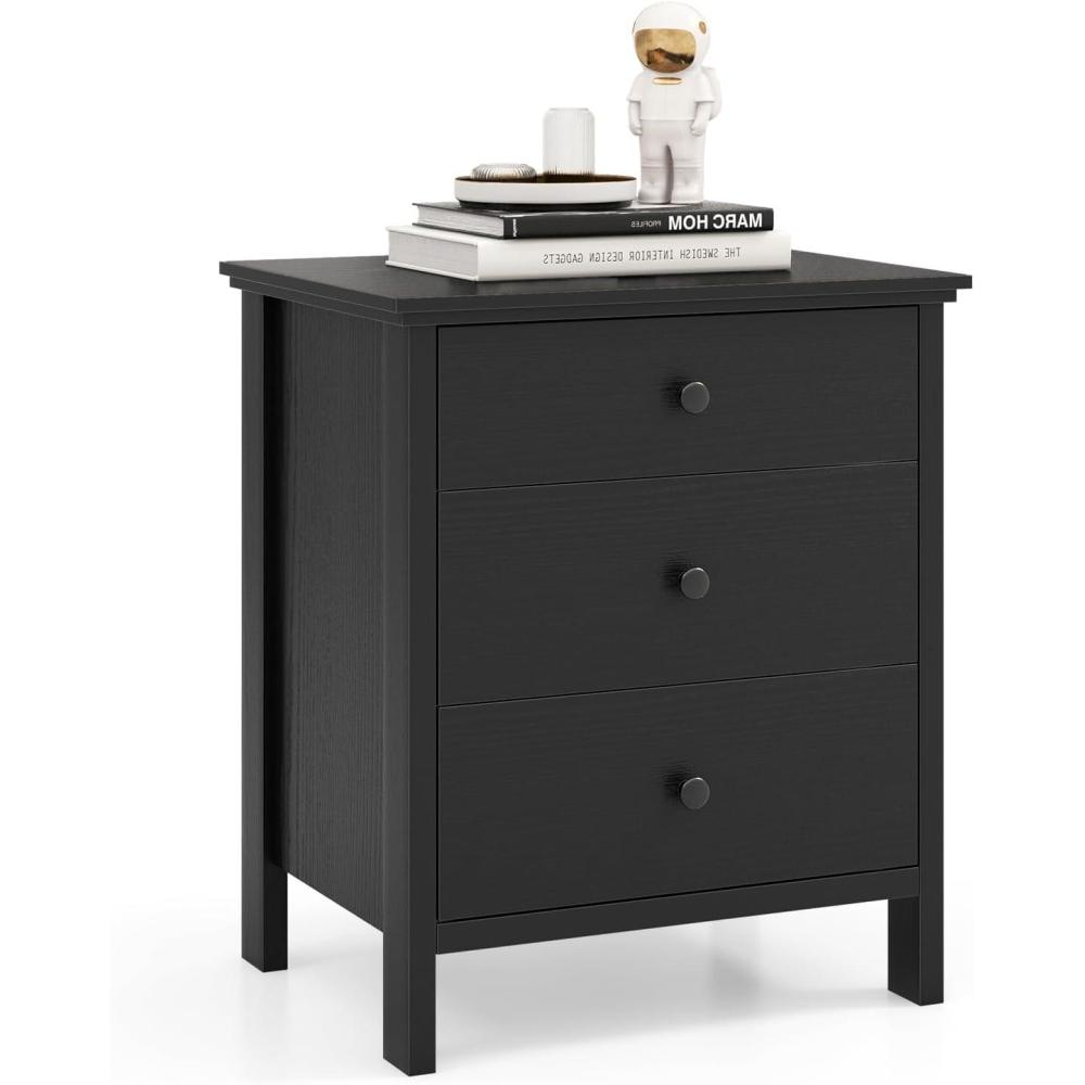image:imageGiantex Nightstand with 3 Drawers Set of 2 Wooden Side End Table with Solid Wood Legs Retro 3Drawer Bedside Table Night Stand for Bedroom Home Office Small Space Easy Assembly WhiteBlack