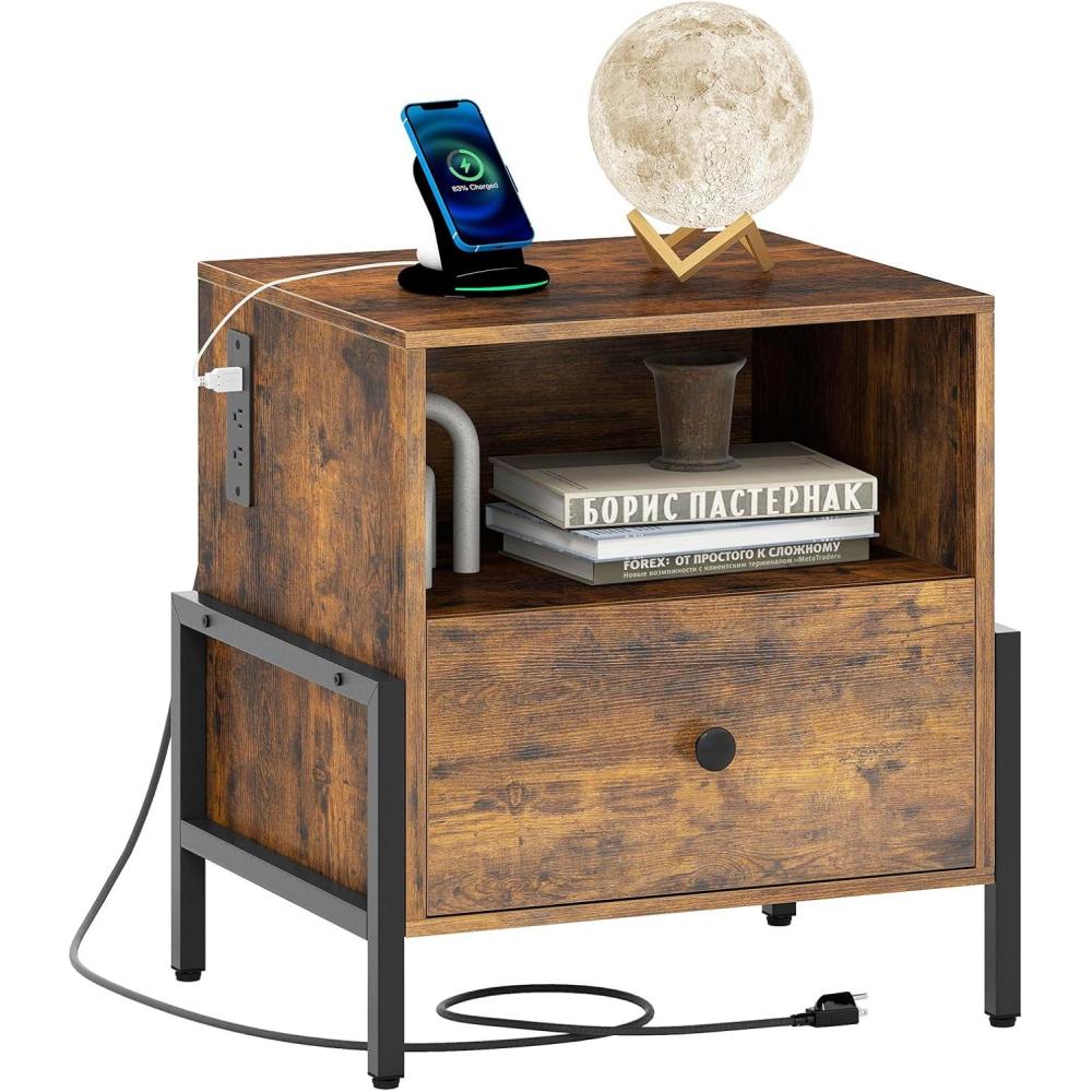 image:imageGiantex Nightstand with Charging Station Industrial End Table with Storage Drawer amp Open Compartment Wood Sofa Side Table with USB Port and Outlets Bedside Table for Bedroom Rustic Brown1