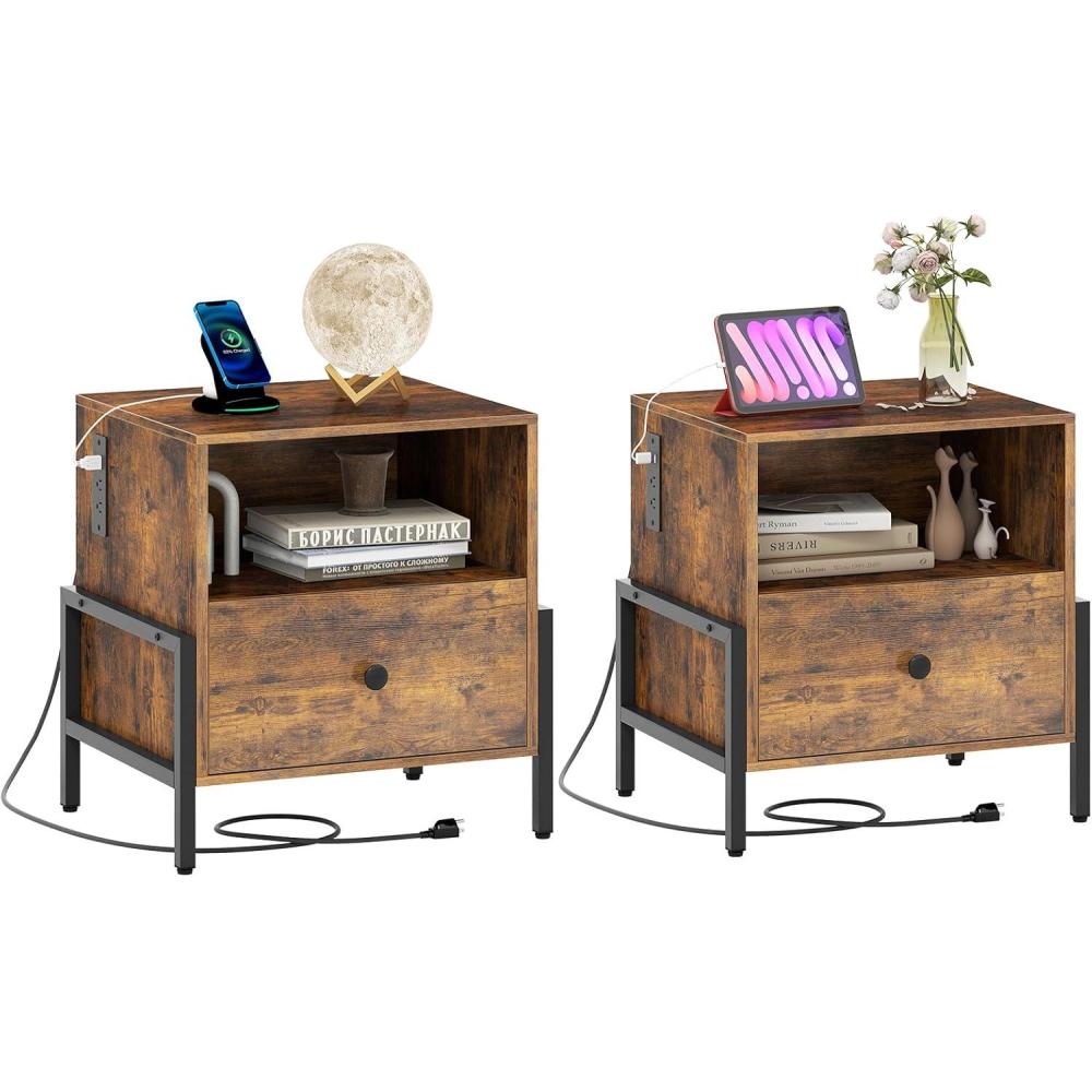 image:imageGiantex Nightstand with Charging Station Industrial End Table with Storage Drawer amp Open Compartment Wood Sofa Side Table with USB Port and Outlets Bedside Table for Bedroom Rustic Brown2