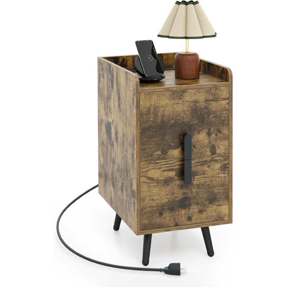 image:imageGiantex Nightstand with Charging Station Narrow End Table with 2 Drawers amp Metal Gold Legs Small Sofa Side Table w 2 USB Ports and 3 Outlets Modern Night Stand for Small Spaces Rustic BrownRustic Brown