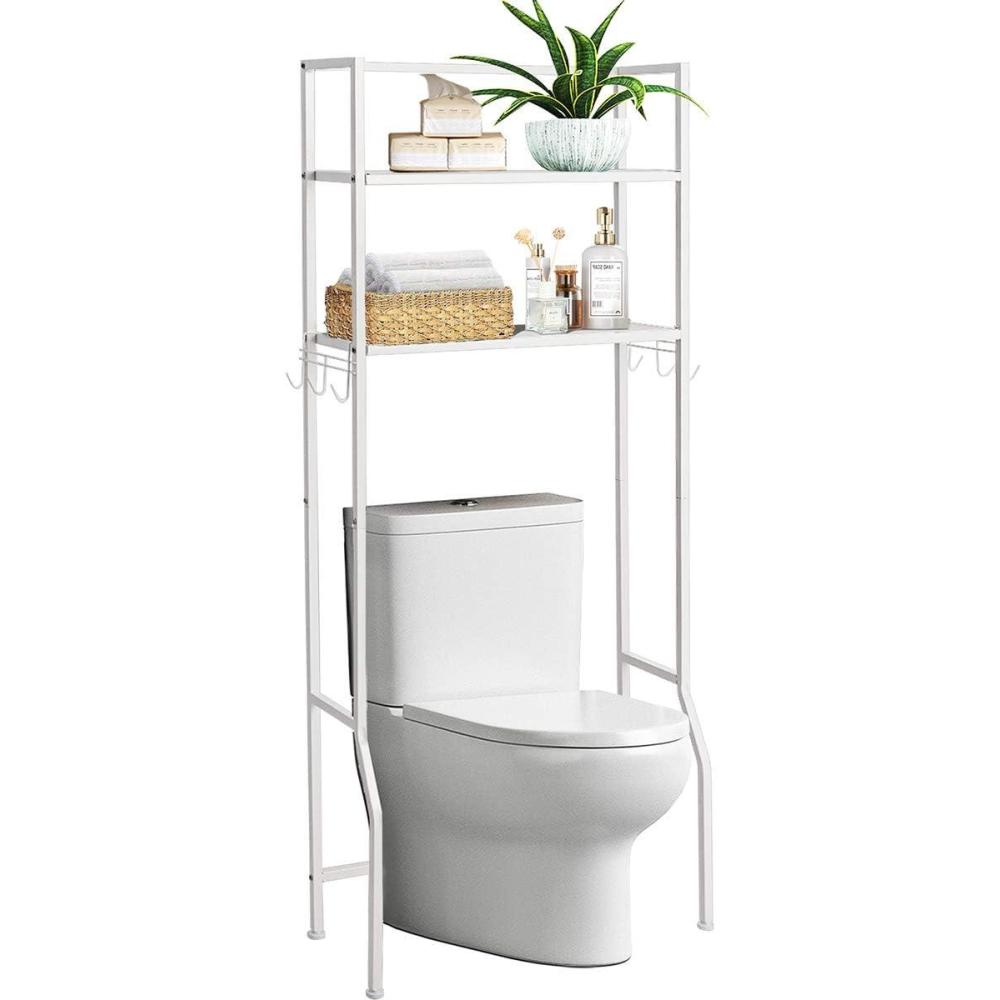 image:imageGiantex OverTheToilet Storage Space Saver Bathroom Metal Spacesaver Rack with 2 Tier Rack Hooks and Adjustable Feet Multifunctional Toilet SpaceSaving Storage