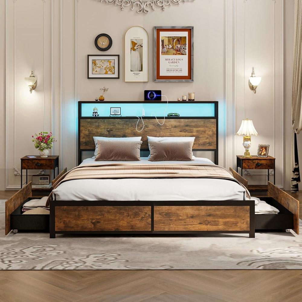 image:imageGiantex Queen Bed Frame with LED Lights Headboard and 4 Storage Drawers Metal Platform Bed with Outlets and USB Ports Charging Station Smart LED Bed Frame Easy Assembly No Box Spring NeededQueen