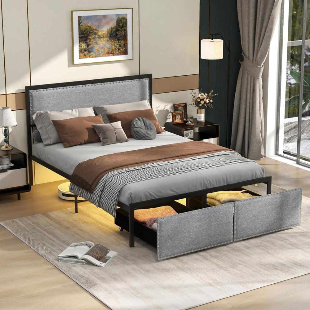 image:imageGiantex Queen Bed Frame with LED Lights and 2 Storage Drawers Upholstered LED Platform Bed with Linen Fabric Headboard Metal Slats Support No Box Spring Needed Light up Bed Frame GreyFull