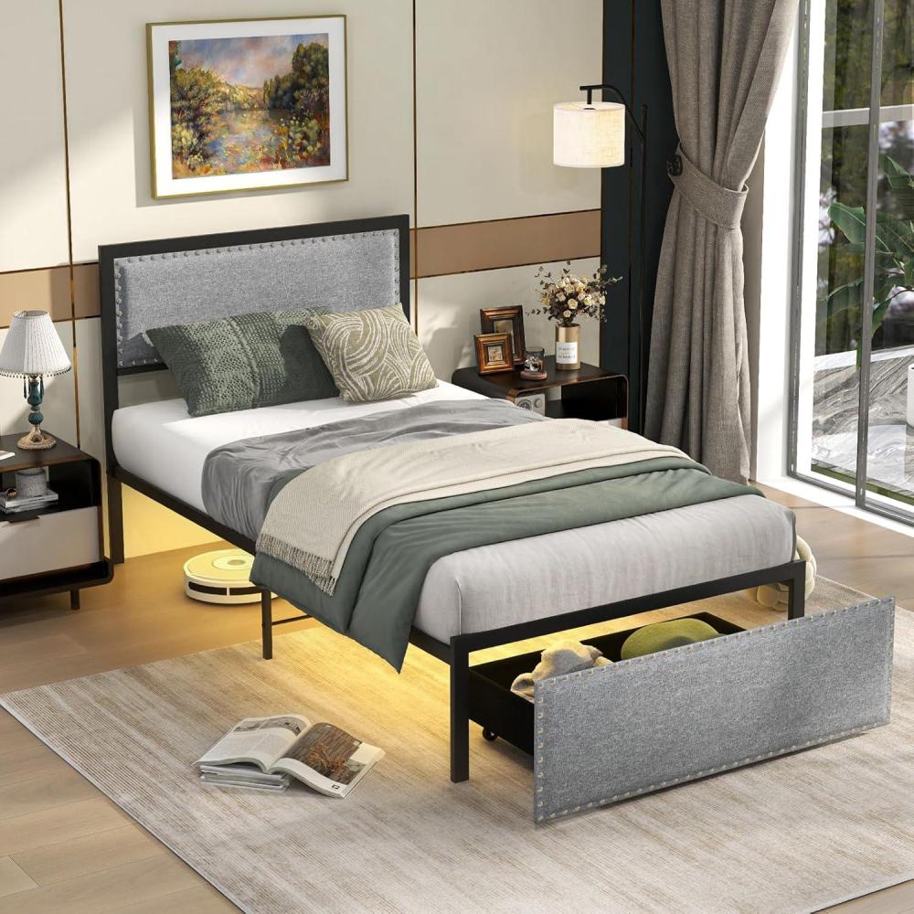 image:imageGiantex Queen Bed Frame with LED Lights and 2 Storage Drawers Upholstered LED Platform Bed with Linen Fabric Headboard Metal Slats Support No Box Spring Needed Light up Bed Frame GreyTwin