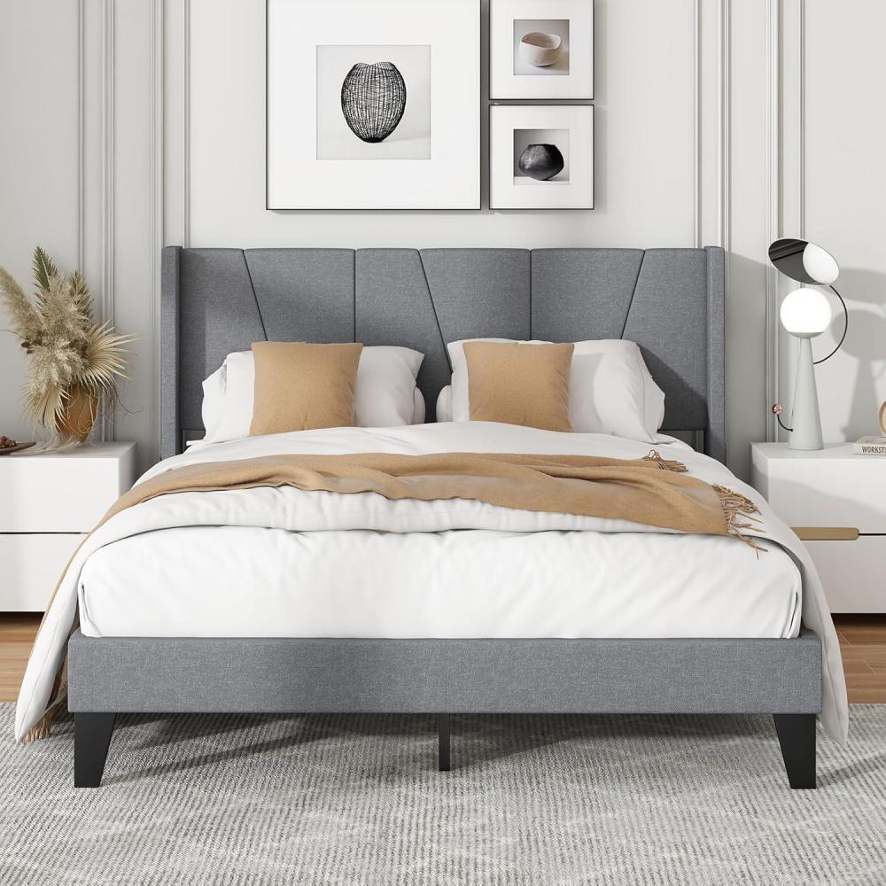 image:imageGiantex Queen Bed Frame with Wingback Headboard Modern Upholstered Platform Bed with 2 Side Storage Pockets and Wooden Slats No Box Spring Needed Bed Frame Queen Size Grey Queen GT10704HUGrey