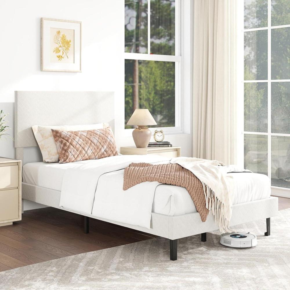 image:imageGiantex Queen Size Bed Frame Linen Upholstered Platform Bed wHeight Adjustable Chevron Headboard Wooden Slats Support Mattress Foundation 65 UnderBed Storage No Box Spring Needed GreyBeige