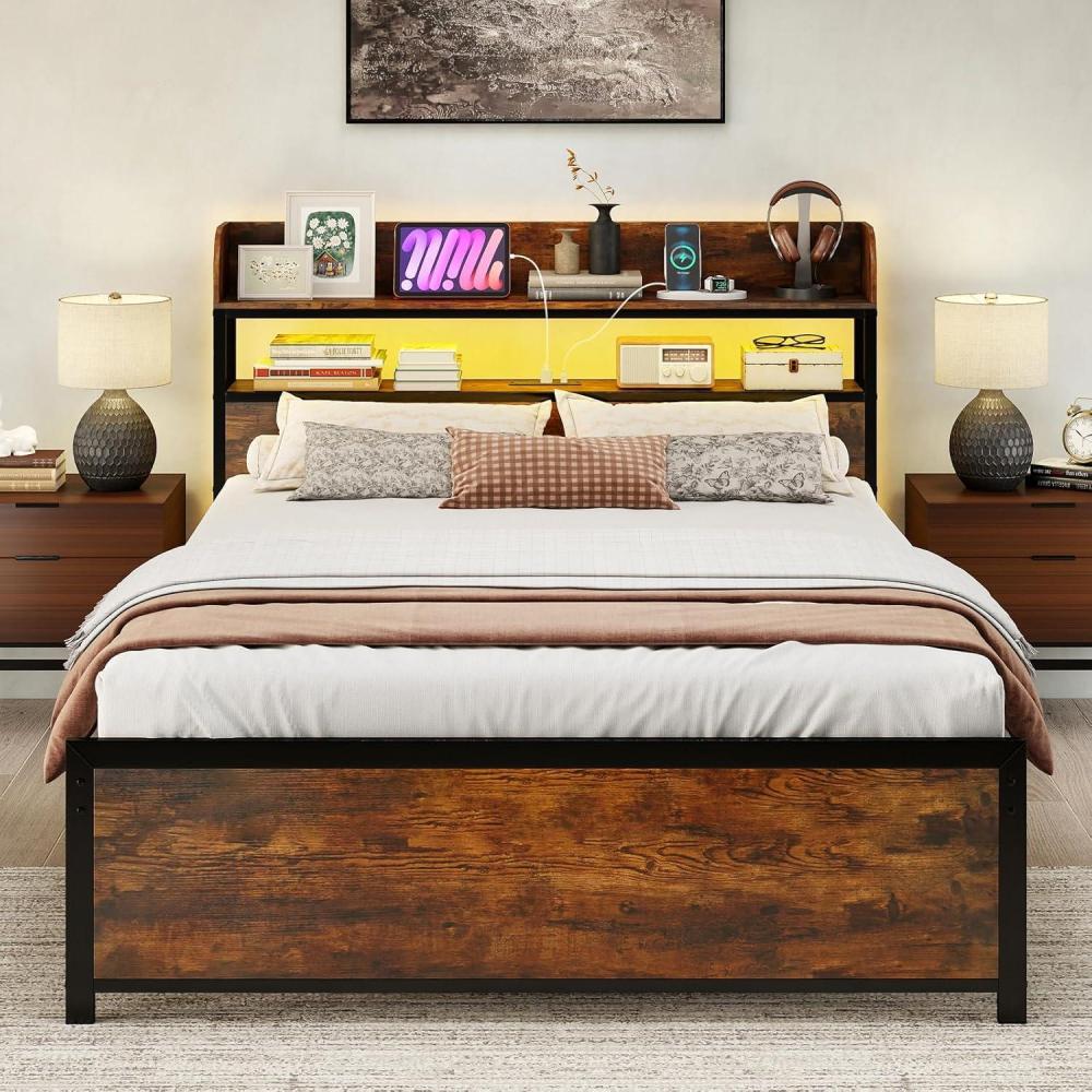image:imageGiantex Queen Size Bed Frame with Storage Headboard Metal Platform Bed wLED Light amp Charging Station Linen Upholstered Headboard Heavy Duty Slat Support No Box Spring Needed NoiseFreeRustic Brownblack