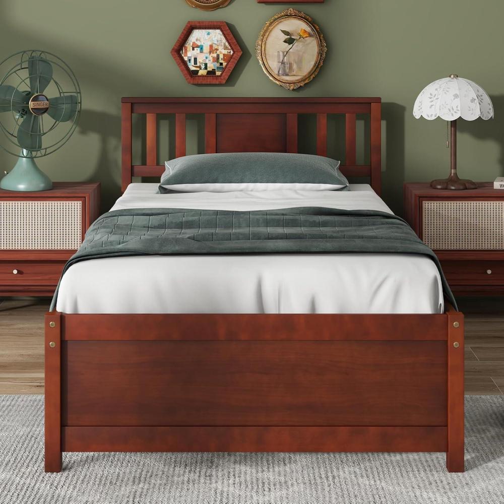 image:imageGiantex Queen Size Solid Wood Platform Bed Frame Mid Century Queen Bed Frame with Headboard Wooden Slat Support Queen Panel Bed No Box Spring Needed Easy Assembly WhiteWalnut