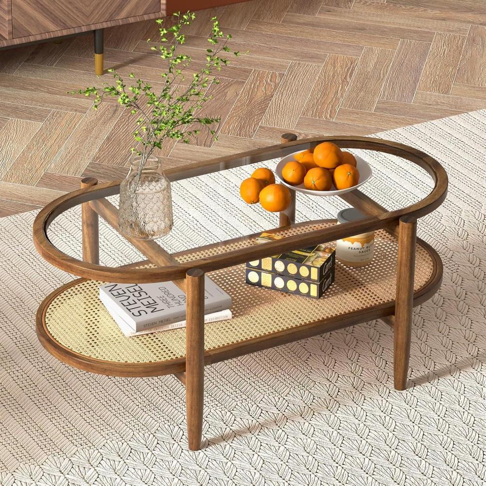 image:imageGiantex Rattan Coffee Table 2Tier Oval Wood Tea Table with Tempered Glass Tabletop amp PE Rattan Storage Shelf 40 Boho Cocktail Tables Mid Century Modern Center Table for Living Room Office BlackBrown