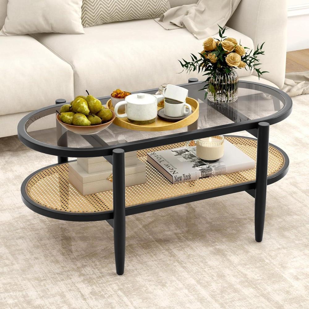image:imageGiantex Rattan Coffee Table 2Tier Oval Wood Tea Table with Tempered Glass Tabletop amp PE Rattan Storage Shelf 40 Boho Cocktail Tables Mid Century Modern Center Table for Living Room Office BlackBlack
