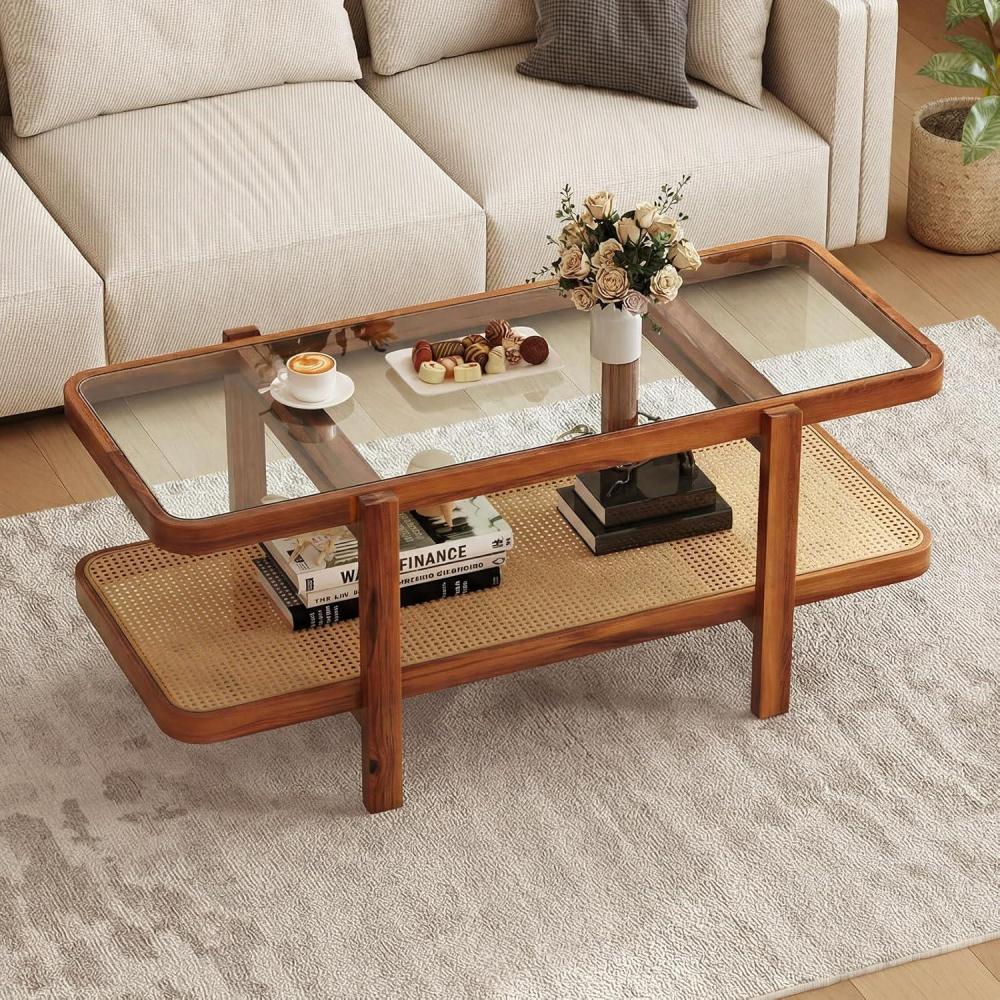 image:imageGiantex Rattan Coffee Table 475 Rectangle Solid Wood Tea Table wTempered Glass Tabletop Rattan Storage Shelf 2Tier Boho Coffee Tables Farmhouse Center Table for Living Room OakWalnut