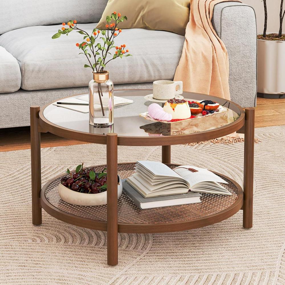 image:imageGiantex Rattan Coffee Table Boho Round Glass Tea Table with PE Rattan Storage Shelf amp Wood Frame 2 Tier Accent Center Table for Living Room Apartment Small Space