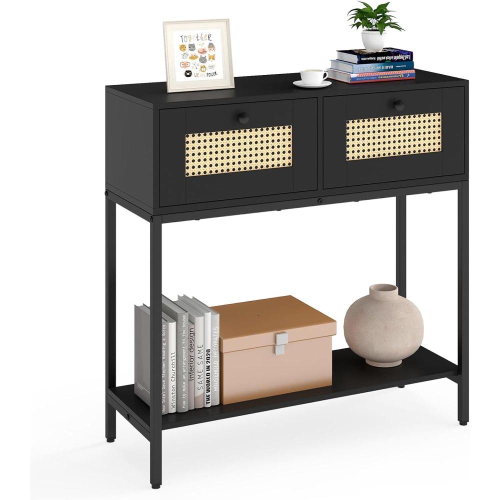 image:imageGiantex Rattan Console Table 32 Boho Entryway Table with 2 Drawers Metal Frame Narrow Long Sofa Tables with Open Storage Shelf for Living Room Hallway Foyer Entrance NaturalBlack