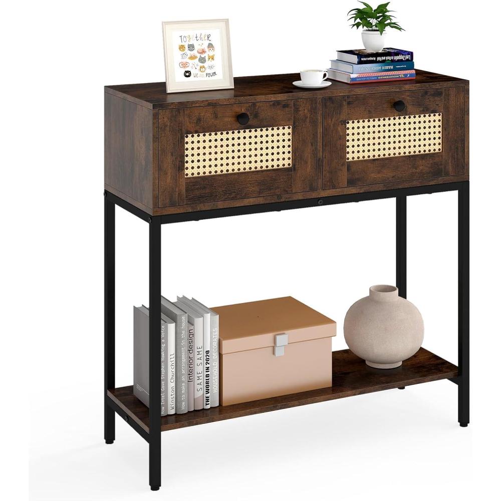 image:imageGiantex Rattan Console Table 32 Boho Entryway Table with 2 Drawers Metal Frame Narrow Long Sofa Tables with Open Storage Shelf for Living Room Hallway Foyer Entrance NaturalRustic Brown