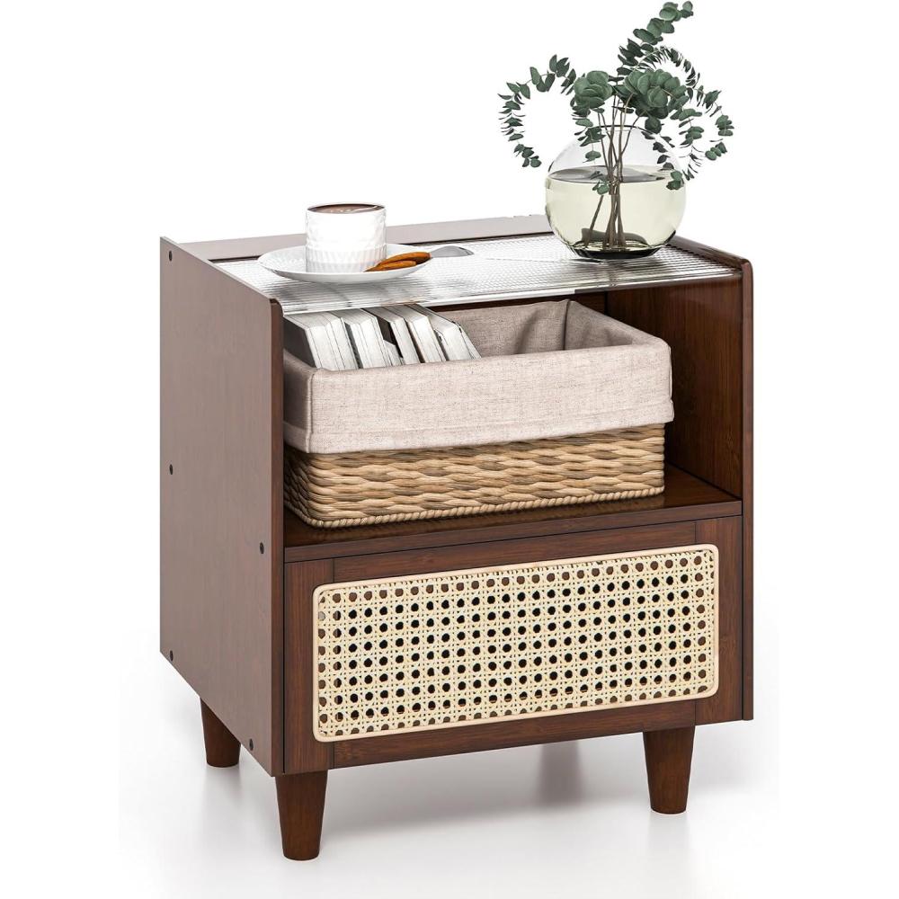 image:imageGiantex Rattan Nightstand with Drawer Set of 2 Boho Bamboo Bedside Table with Tempered Glass Top and Solid Wood Legs 20 End Side Table with Storage Night Stand for Bedroom Living Room NaturalWalnut