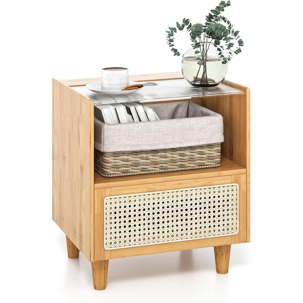 image:imageGiantex Rattan Nightstand with Drawer Set of 2 Boho Bamboo Bedside Table with Tempered Glass Top and Solid Wood Legs 20 End Side Table with Storage Night Stand for Bedroom Living Room NaturalNatural