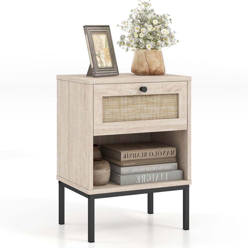 image:imageGiantex Rattan Nightstands with Drawer Set of 2 Boho Side Tables with 4 Metal Legs and Open Storage Shelf Farmhouse Night Stands for Small Spaces 2 Tier Bedside Tables for Bedroom Office OakOak