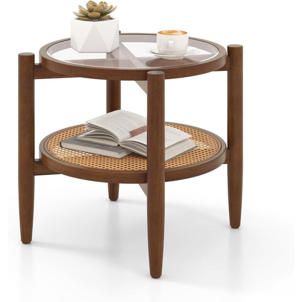 image:imageGiantex Rattan Round End Table Walnut Boho Nightstand with Tempered Glass Top and Acacia Wood Legs 2Tier Side Table with Storage Bedside Tables for Small Spaces Living Room Bedroom
