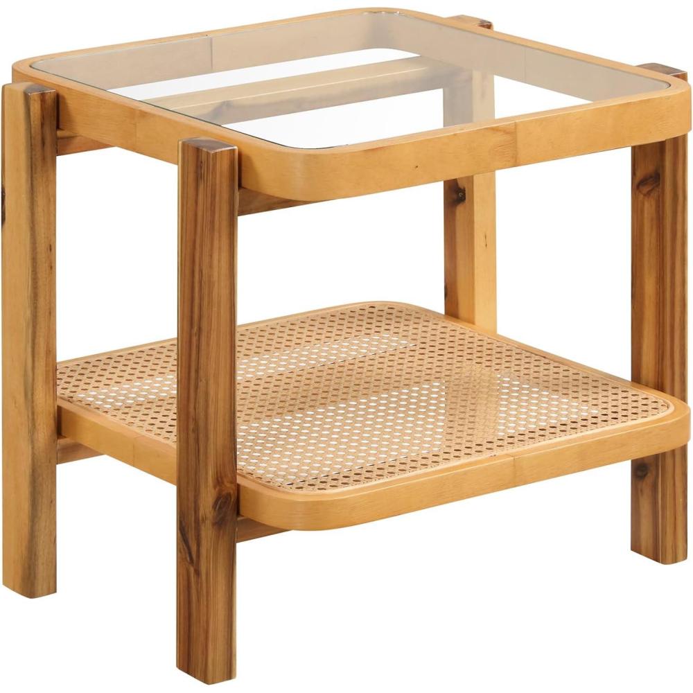 image:imageGiantex Rattan Side Table Boho End Table for Living Room Narrow Bedside Table with Tempered Glass Top Wood Accent Table with Rattan Storage Shelf 2Tier Nightstand for Bedroom Small Spaces1