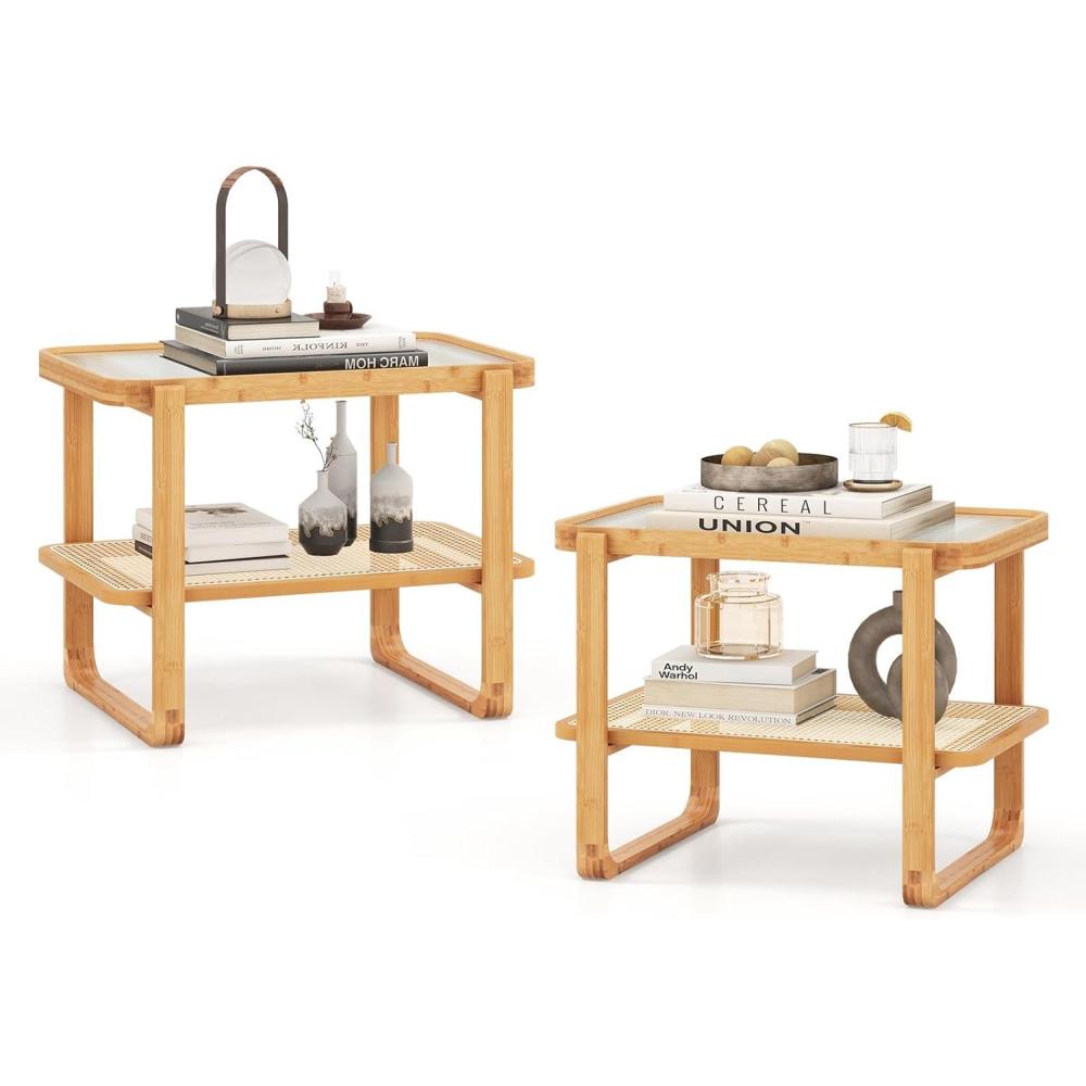 image:imageGiantex Rattan Side Table Set of 2 Boho End Table with Glass Top and 2Tier Storage Shelves Bedside Table for Small Spaces Bamboo Night Stand Coffee Table for Living Room Bedroom
