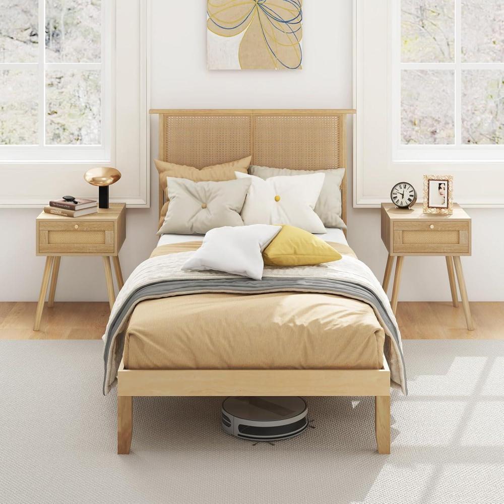 image:imageGiantex Rattan Twin Bed Frame with Headboard Boho Solid Wood Platform Bed with Wooden Foundation amp Slats Underneath Storage Space Twin Bed Frames for Kids Adults No Box Spring Needed NaturalTwin