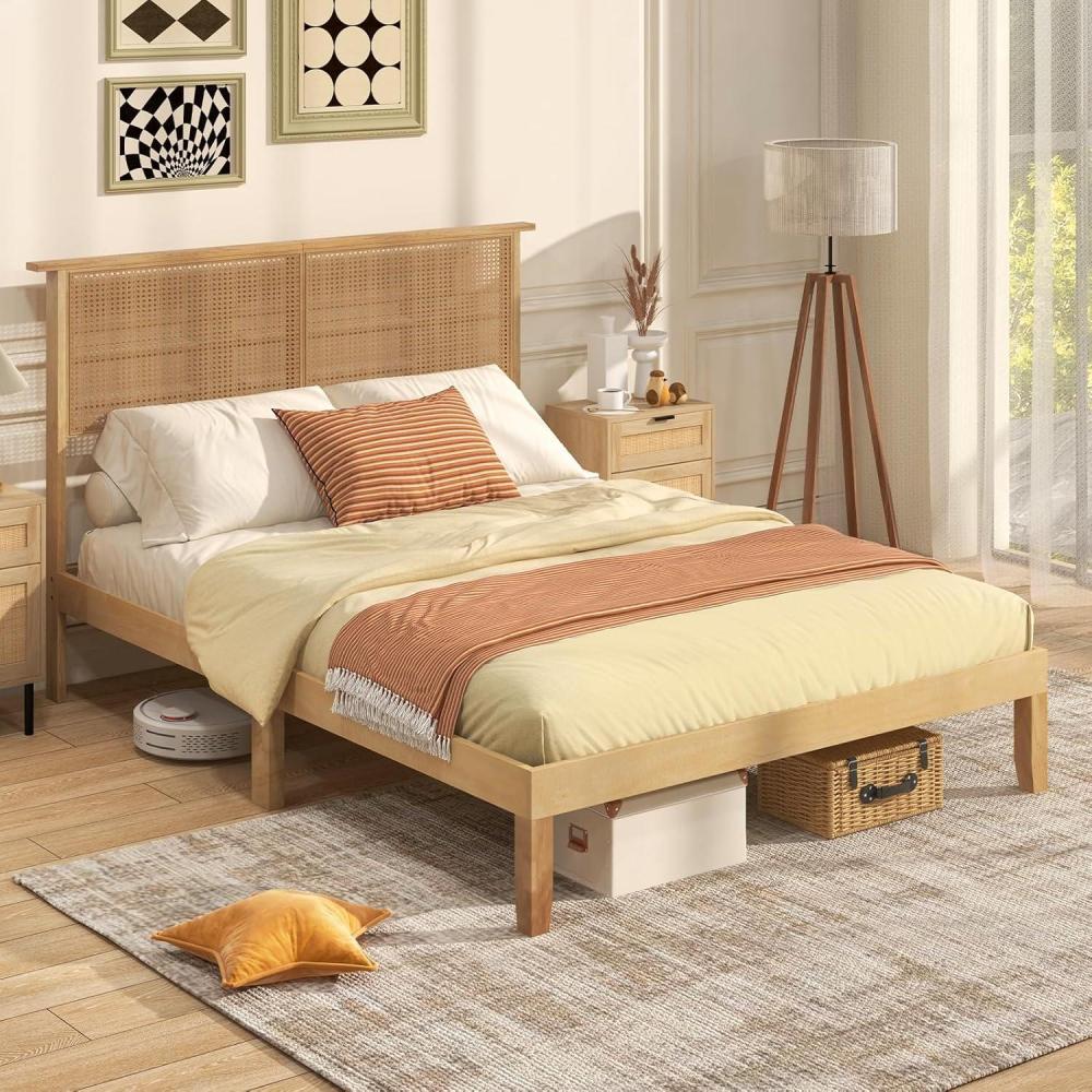 image:imageGiantex Rattan Twin Bed Frame with Headboard Boho Solid Wood Platform Bed with Wooden Foundation amp Slats Underneath Storage Space Twin Bed Frames for Kids Adults No Box Spring Needed NaturalFull