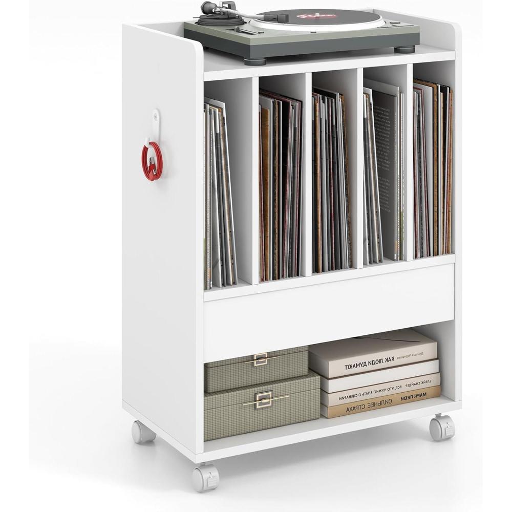 image:imageGiantex Record Player Stand Rolling Turntable Stand with Drawer Hook amp Lockable Wheels Vinyl Record Display Shelf Holds Up to 180 Albums for Living Room Bedroom WhiteWhite