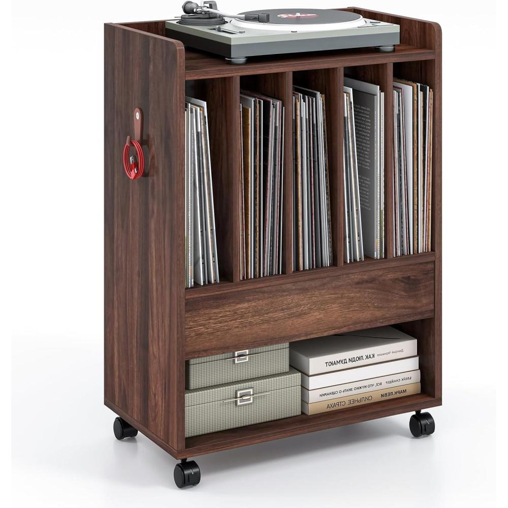 image:imageGiantex Record Player Stand Rolling Turntable Stand with Drawer Hook amp Lockable Wheels Vinyl Record Display Shelf Holds Up to 180 Albums for Living Room Bedroom WhiteRustic Brown