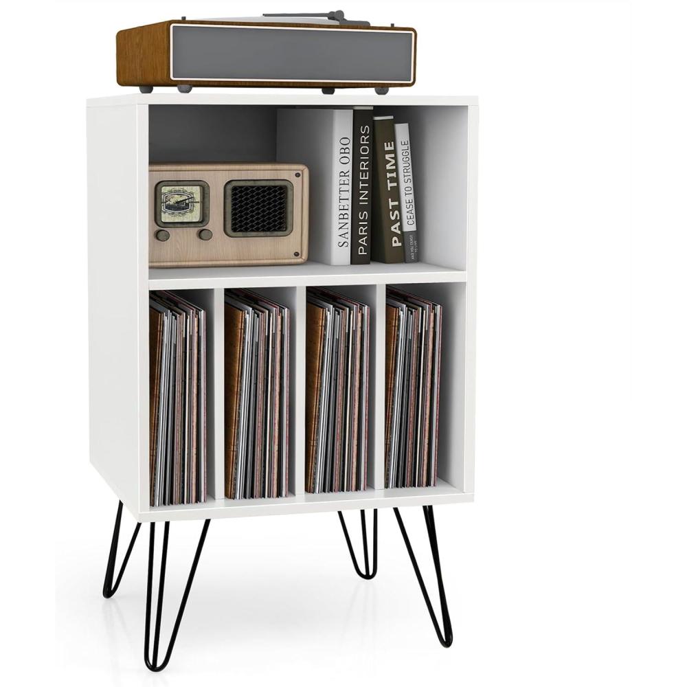 image:imageGiantex Record Player Stand White Turntable Stand Holds up to 150 Albums MidCentury Vinyl Storage Cabinet Table with Metal Legs Record Player Holder End Table for Bedroom Living RoomWhite