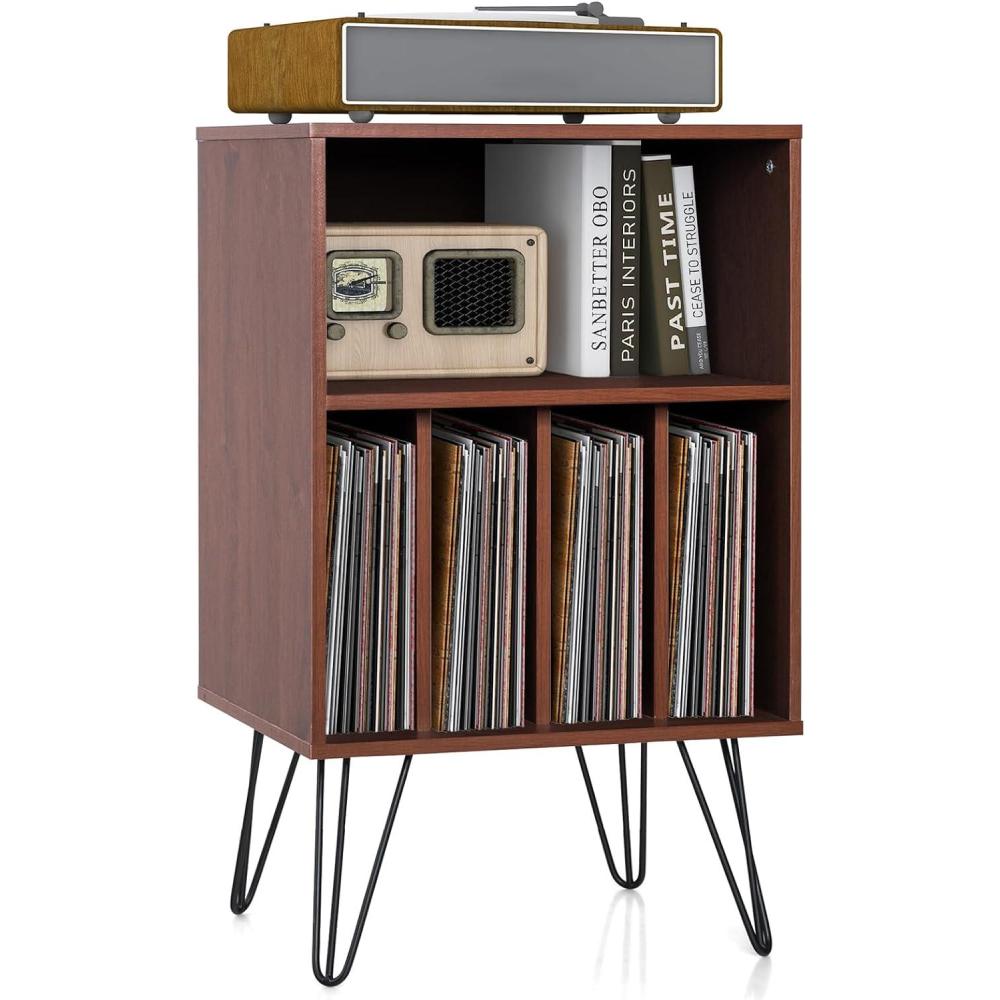 image:imageGiantex Record Player Stand White Turntable Stand Holds up to 150 Albums MidCentury Vinyl Storage Cabinet Table with Metal Legs Record Player Holder End Table for Bedroom Living RoomBrown
