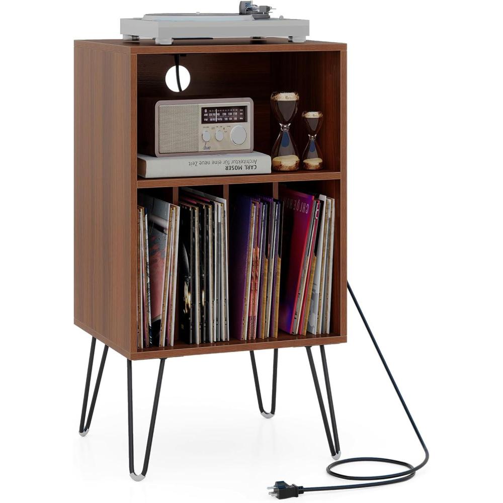 image:imageGiantex Record Player Stand with Charging Station Turntable Cabinet with Metal Legs Vinyl Record Storage Cabinet Holds Up to 150 Albums for Living Room Bedroom BlackWalnut
