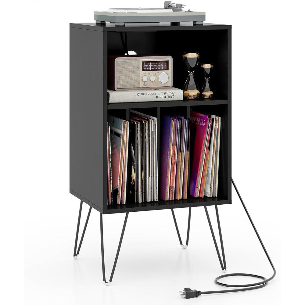 image:imageGiantex Record Player Stand with Charging Station Turntable Cabinet with Metal Legs Vinyl Record Storage Cabinet Holds Up to 150 Albums for Living Room Bedroom BlackBlack