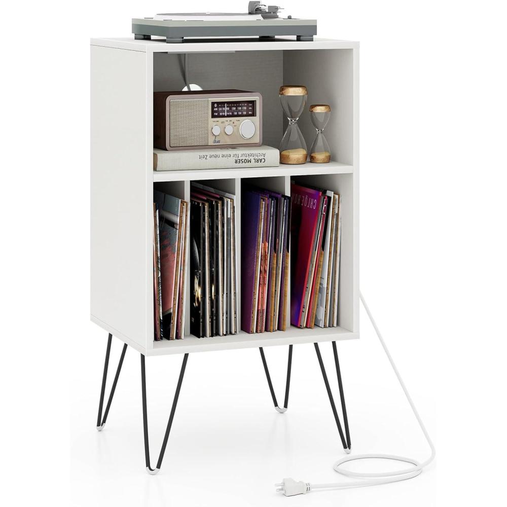 image:imageGiantex Record Player Stand with Charging Station Turntable Cabinet with Metal Legs Vinyl Record Storage Cabinet Holds Up to 150 Albums for Living Room Bedroom BlackWhite