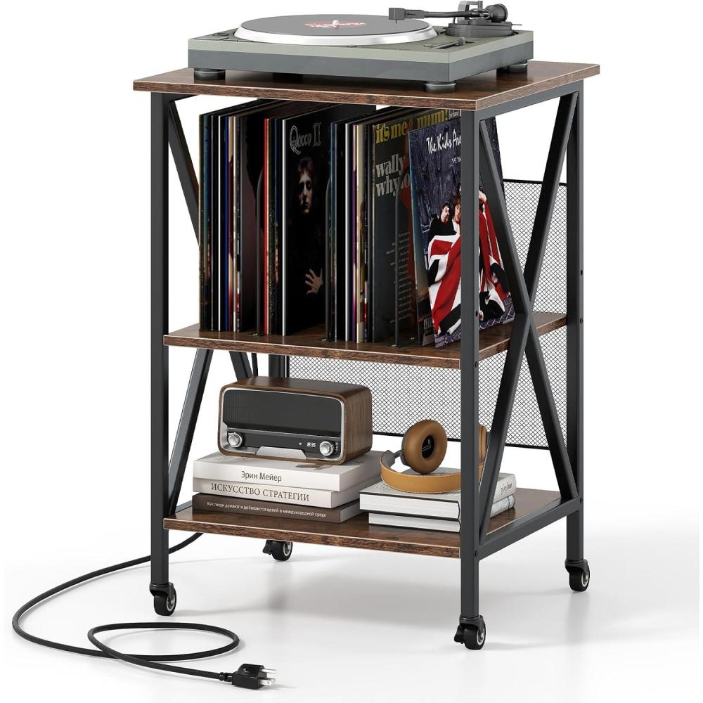 image:imageGiantex Record Player Stand with Charging Station Turntable Stand with Record Storage amp 4 Rolling Wheels Vinyl Record Storage Table up to 250 Albums for Living Room Bedroom Grey OakDark Brown