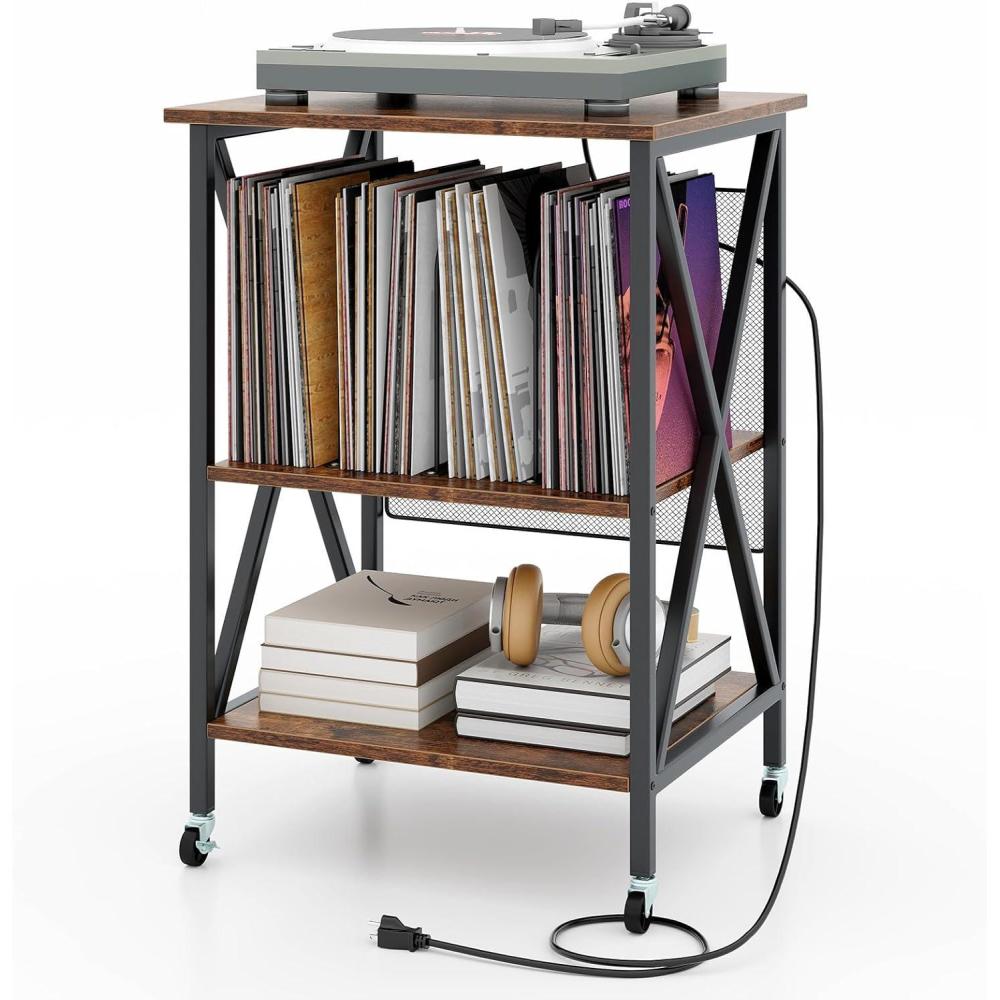 image:imageGiantex Record Player Stand with Charging Station Turntable Stand with Record Storage amp 4 Rolling Wheels Vinyl Record Storage Table up to 250 Albums for Living Room Bedroom Grey OakRustic Brown