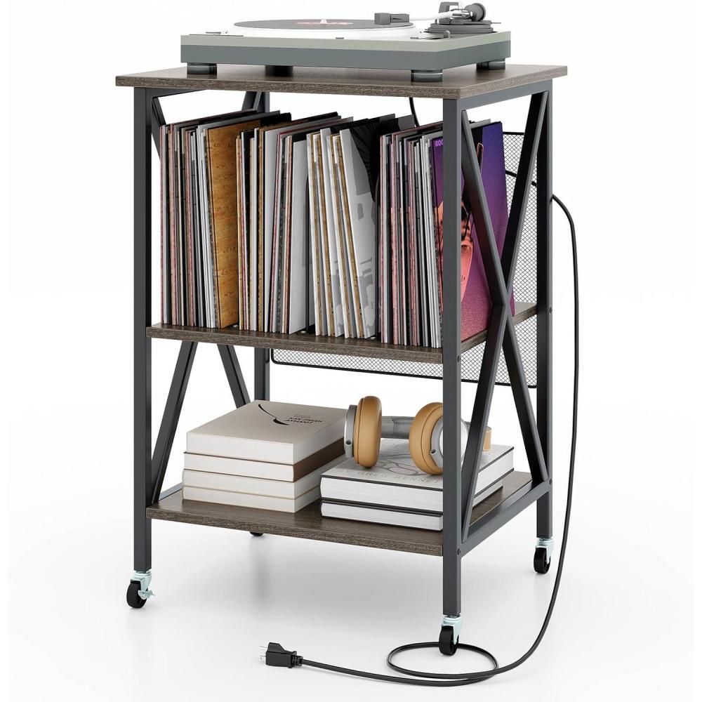 image:imageGiantex Record Player Stand with Charging Station Turntable Stand with Record Storage amp 4 Rolling Wheels Vinyl Record Storage Table up to 250 Albums for Living Room Bedroom Grey OakGrey Oak