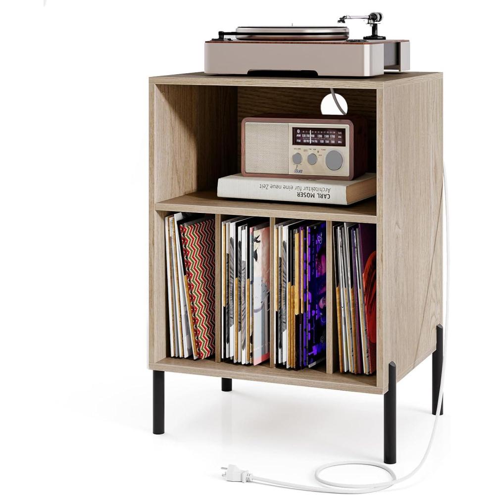 image:imageGiantex Record Player Stand with Charging Station Turntable Stand with Storage Cabinet Record Player Shelf with Metal Legs Vinyl Record Storage up to 150 Albums for Living Room OakOak